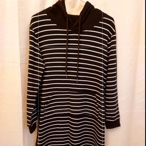 Women Stripe Pocket Knee Length Casual Pullover Hoodie Dress
